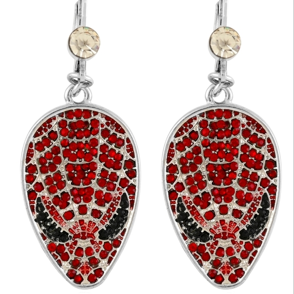 Marvel Spider Man Earrings. Red ruby rhinestones pave, silvertone. Lever back. - Picture 6 of 6